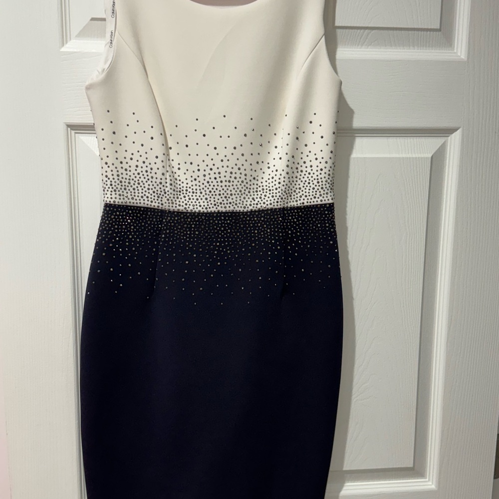 Calvin Klein White and blue navi Sleeveless Midi Dress
